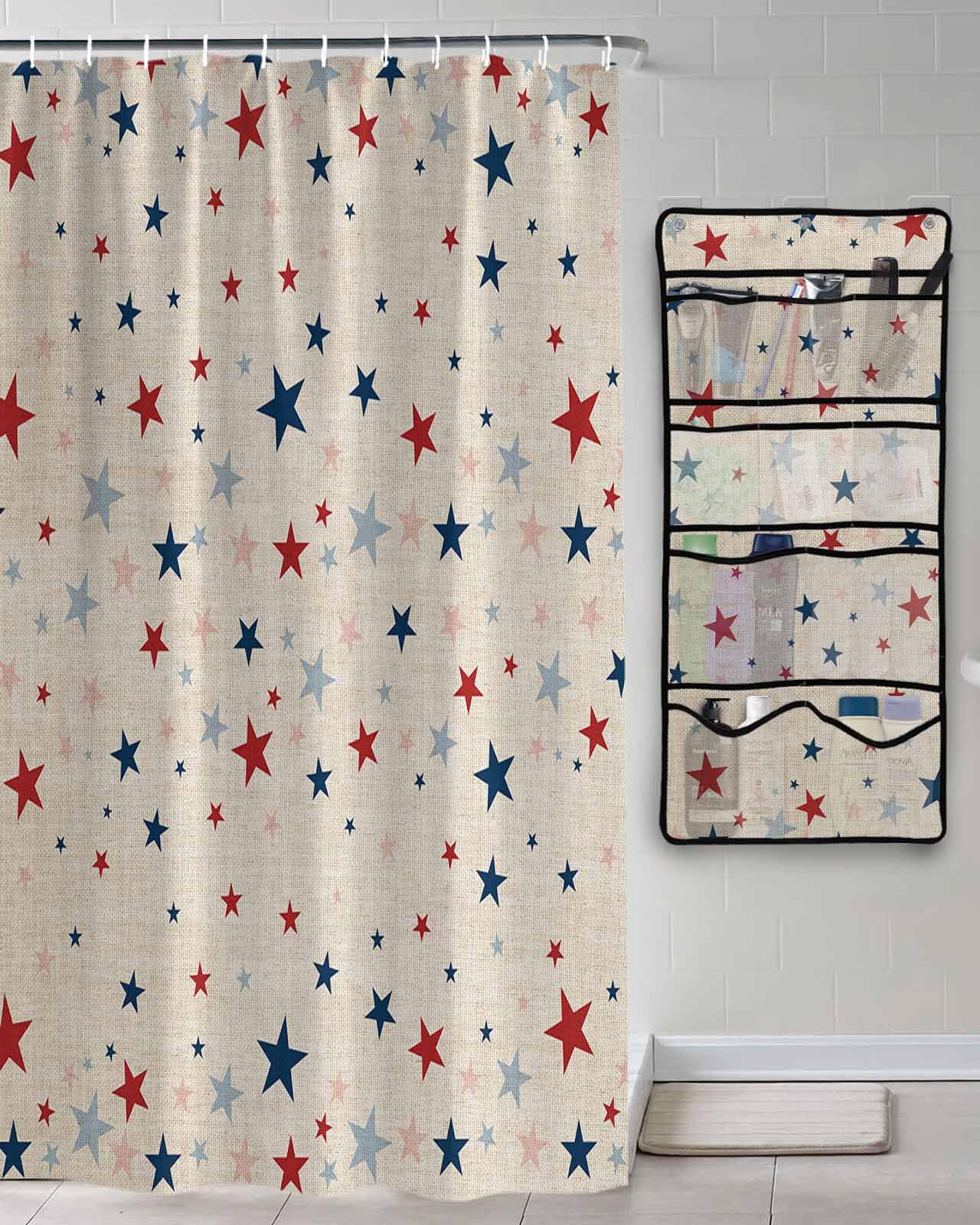Shower Curtain Mesh Shower Organizer Hanging Set Classic American Flag Retro Style Waterproof Shower Curtains with 10 Pockets