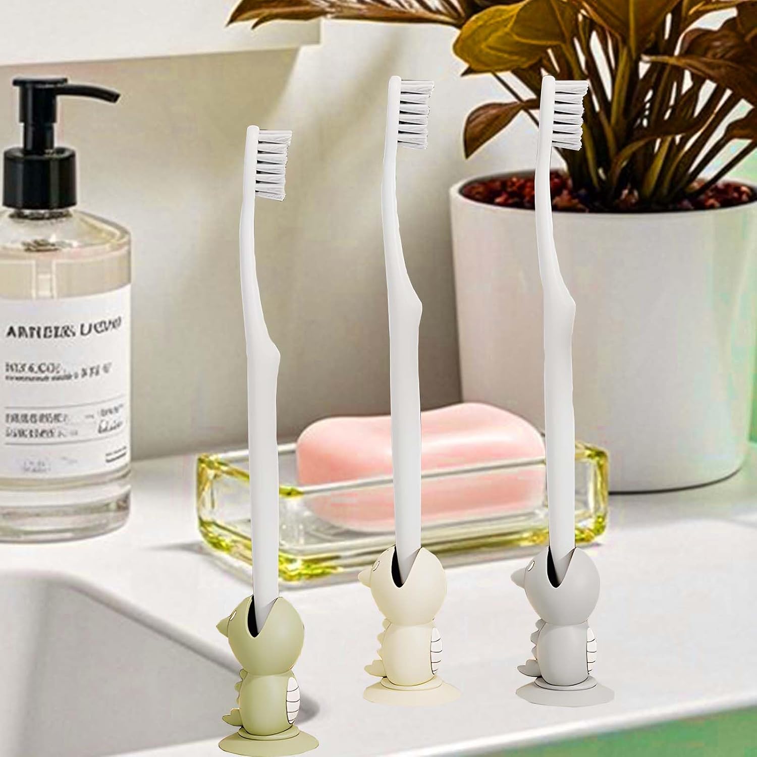 Mini Dinosaur Toothbrush Holder Stand with Suction Cup, Silicone Toothbrush Head Cover, Travel Protector, Bathroom Vanity Organizer for Adults Kids image 2