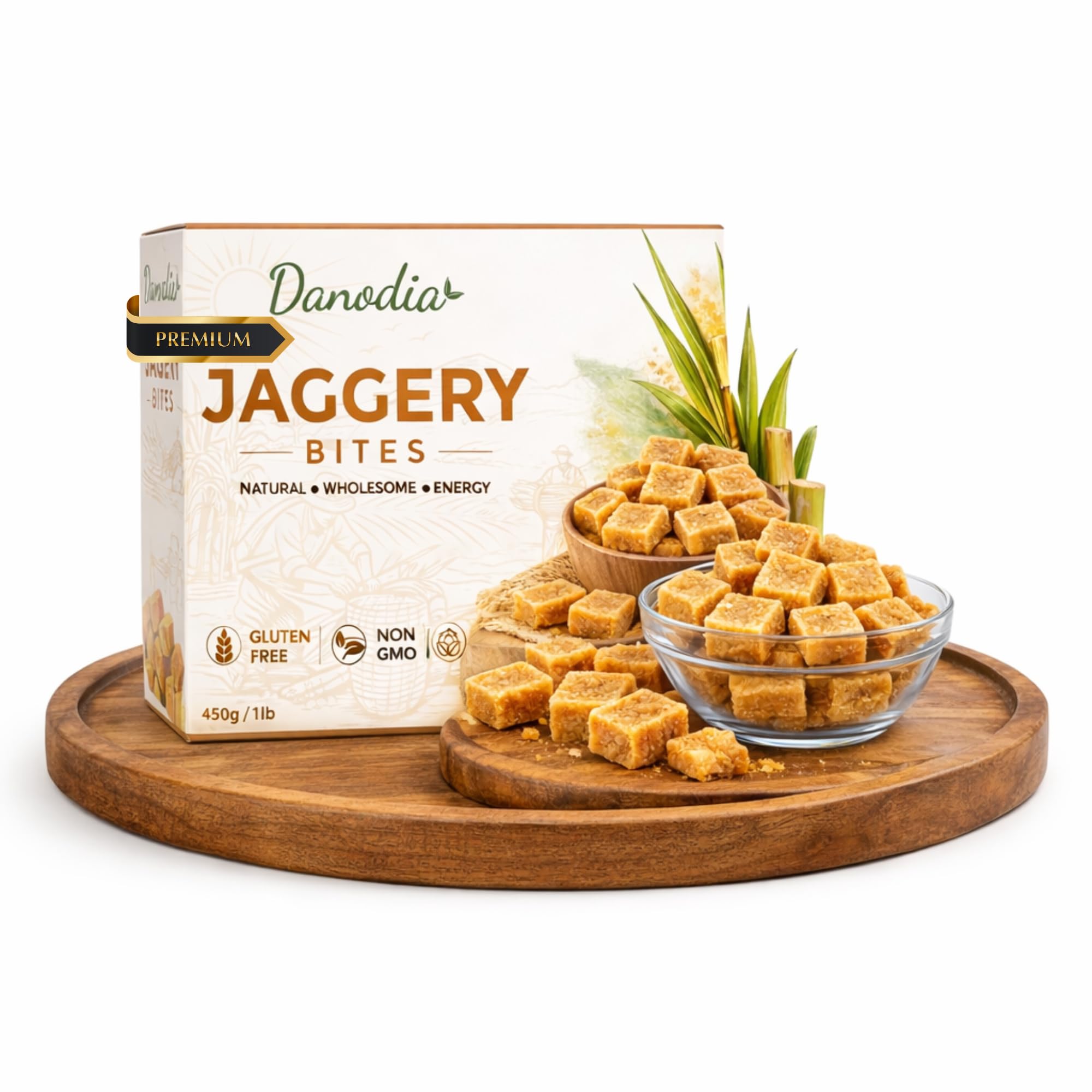 Danodia Foods Bouchées de Jaggery 450 g / 0,99 lb | Sucrant traditionnel indien non raffiné en petits carrés | Alternative au sucre blanc | Pour thé, lait, desserts et pâtisserie