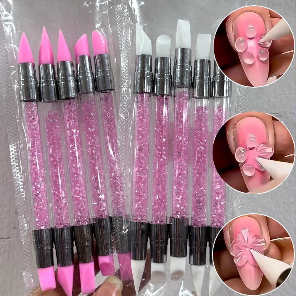 Silicone Nail Art Sculpture Pen Set – 5‑Pack Dual‑Tipped Gel & Acrylic Sculpting Brush for 3D Nail Design, Carving, Dotting & Embossing, Pink Sparkle