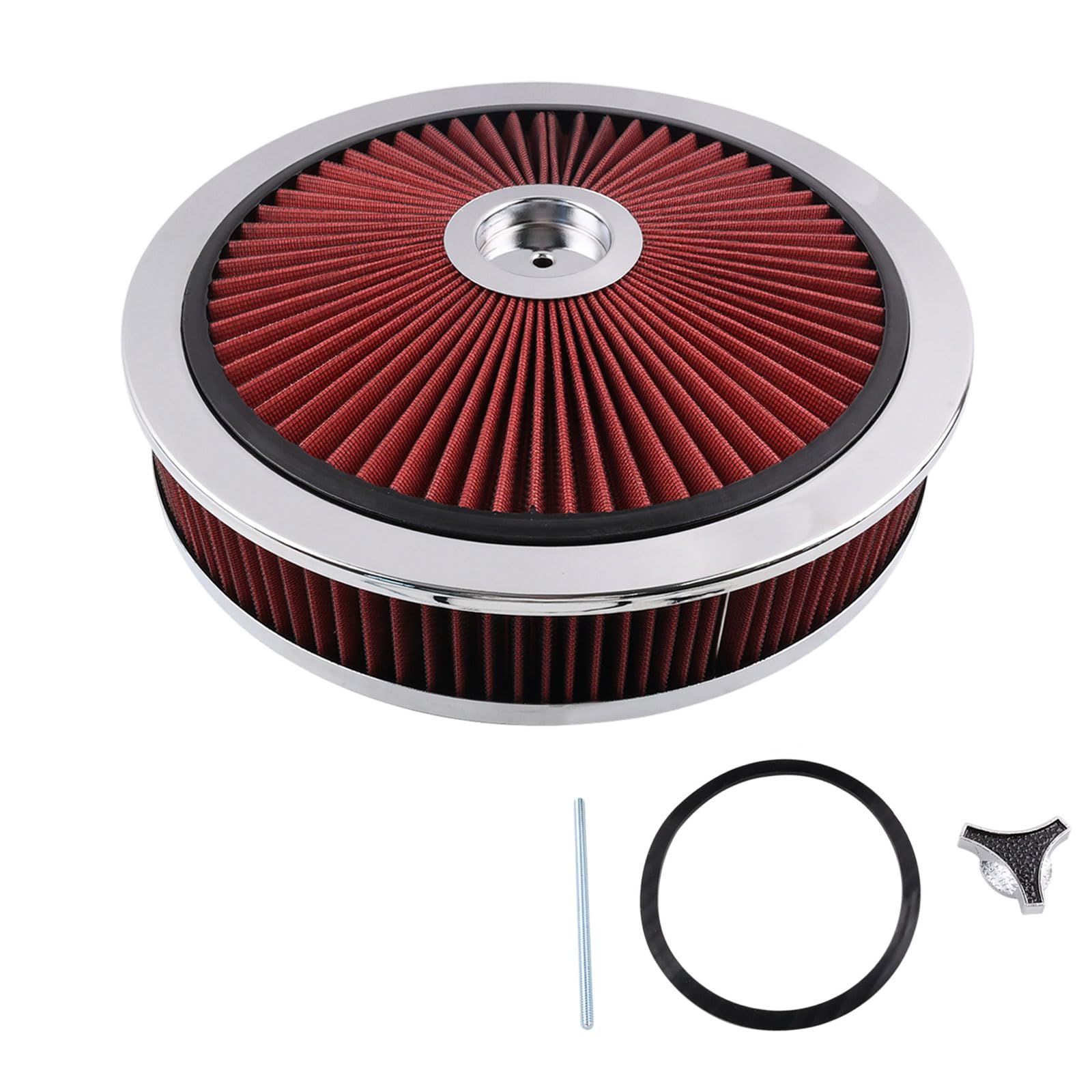 Photo 1 of 14" x 3" Chrome Red High Flow Air Cleaner Filter Top 5-1/8" Carb Neck for SBC BBC Engines Compatible with GMC Chevy Ford Chrysler Dodge V8 Hot Rod