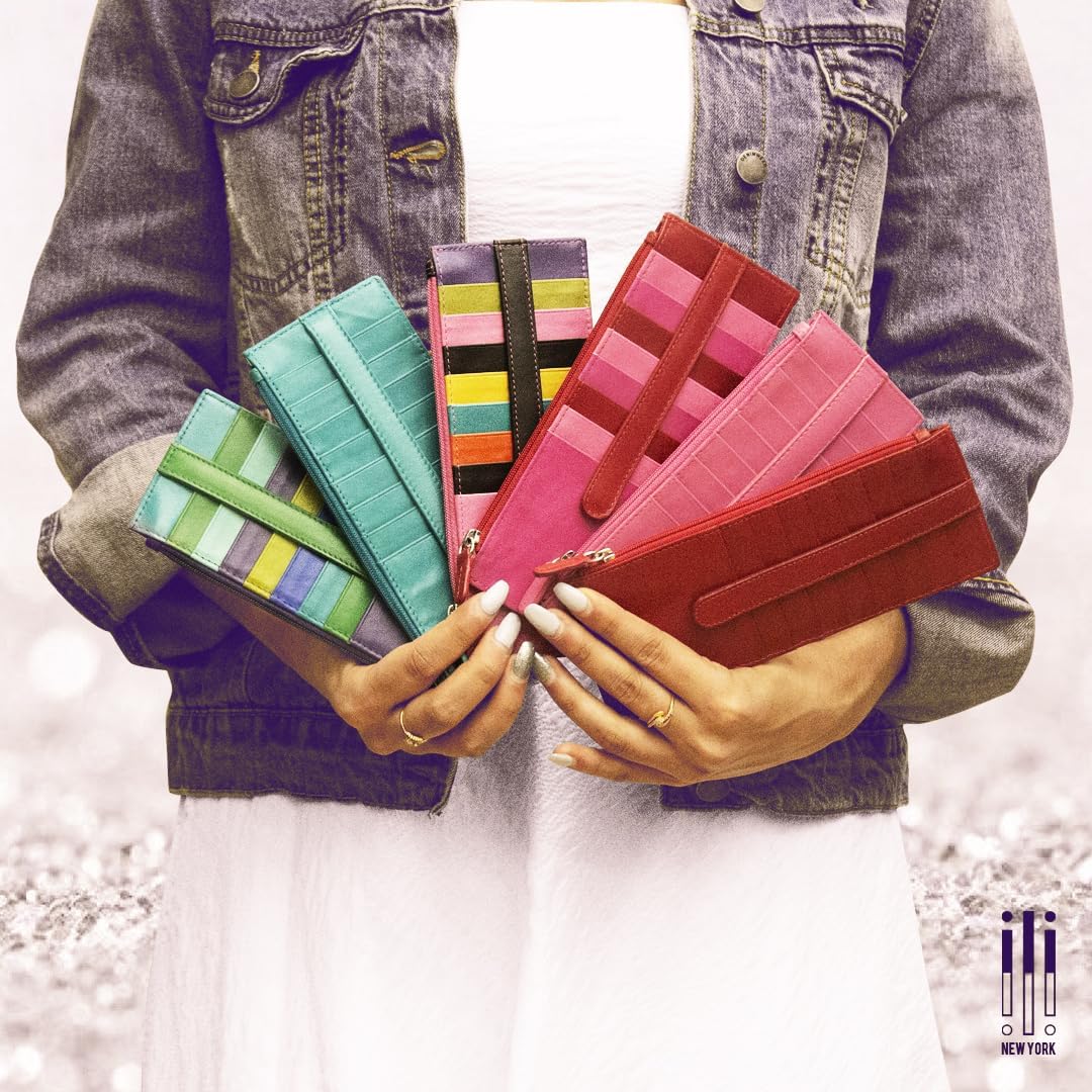 ili New York Long Double Sided Slim Wallet, RFID Blocking Card Holder with ID Window and Side Zip Pocket for Men and Women, Sage Multi - Image 2