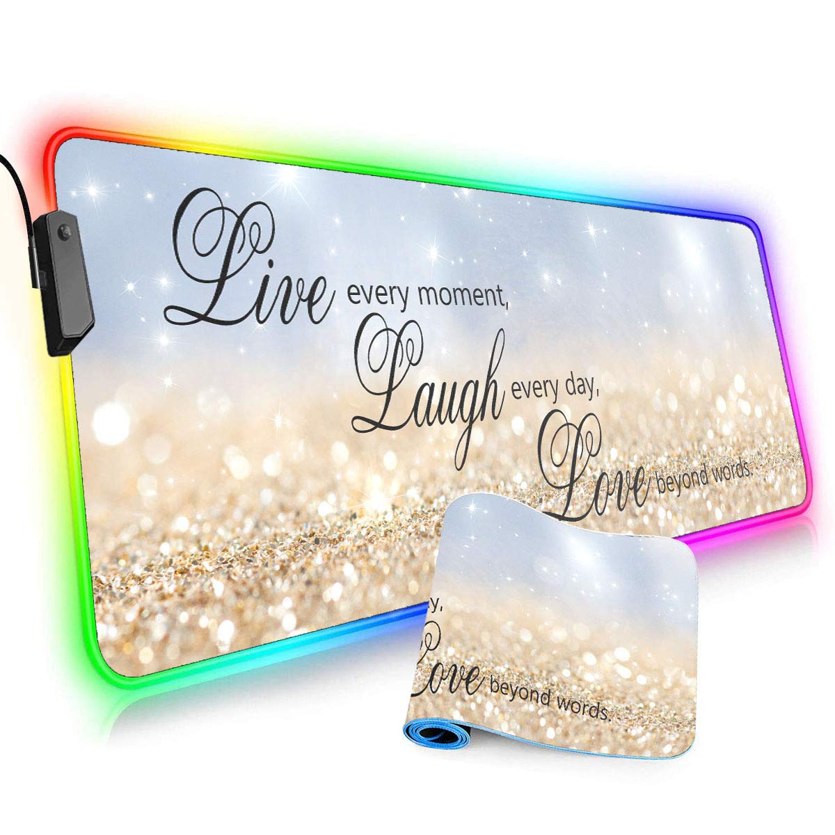Large RGB Gaming Mouse Pad,Blue Glitter Quote Live Love Laugh Oversized Glowing Led Extended Mousepad,10 Lighting Modes,Non-Slip Rubber Base Computer Keyboard Mousepads Mat,31.5 x 11.8 inch
