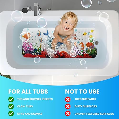 Miniatura 6 de Linoows Tapete de baño para bebé, 40 x 16 pulgadas, extra grande, antideslizante, con dibujos animados para niños, con ventosas y agujeros de