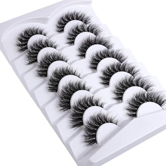 Mebver Fake Lashes False Eyelashes Cat Eye Lashes Faux Mink Lashes Natural Look 8D Fluffy Wispy Lashes That Look Like Extensions Pestanas Postizas D Curl Lash Strips 7 Pairs Pack
