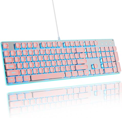surmen G1000 Teclado rosa retroiluminado para máquina de escribir tamaño completo 104 teclas con panel de metal, membrana silenciosa Teclado