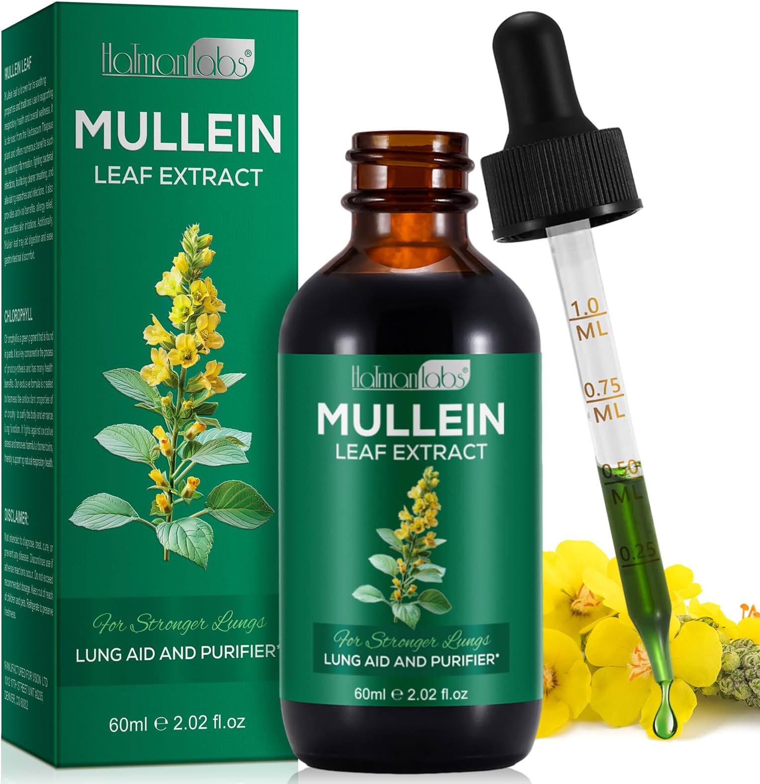 Mullein Leaf Extract for Lungs - Mullein Leaf Liquid Drops 60ml, 1 Month Supply, High Absorption, Vegetarian & Health Supplement