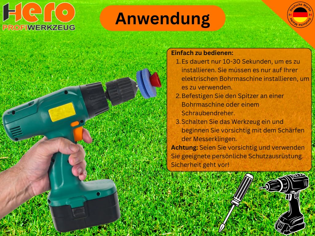 HERO Schleifstein Messerschärfer Set Rasenmäherschärfer 3-tlg für Bohrmaschinen Schärfer für Rasenmäher Bohrmessern, Mähern, Sichelmessern, Rotofräsen, Messer Gartenwerkzeuge