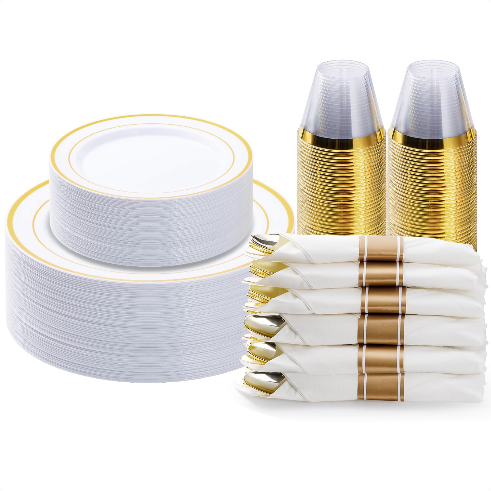 BESTVIP 175PCS Gold Plastic Dinnerware Set, Disposable Party Plates for 25 Guests, Include: 50 Plastic Plates, 25 Pre Rolled Napkins with Gold