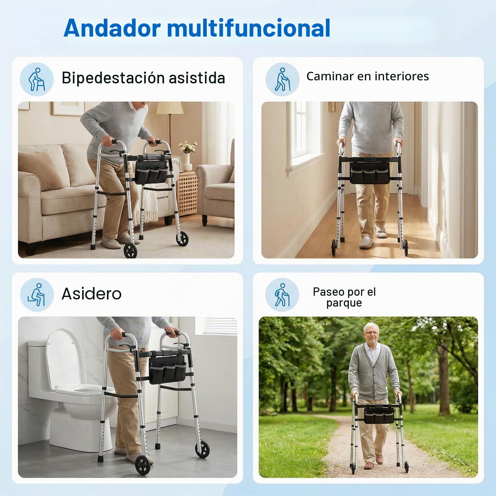 Andador para Personas Mayores, Plegable con Ruedas, Caballete Ligero de Altura Regulable de Aluminio, Gehgestell con Altura Regulable en 8 Niveles y Anchura Ajustable en 5 Posiciones