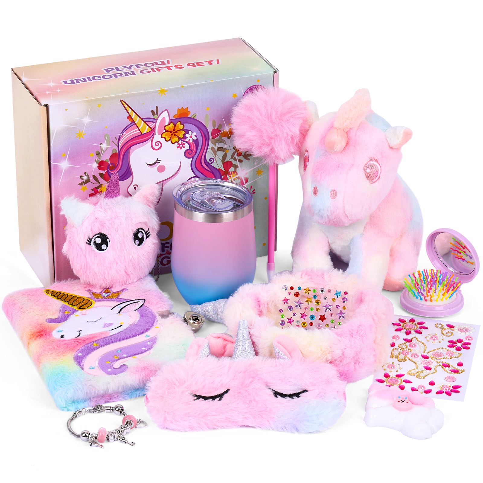 PLYFOU Toy Set Gifts for Girls, Kids Stuffed Animal Plush Toy with Diary Eye Mask Water Bottle Kit Hairband,Birthday Gift For Teen Girls Age 5 6 7 8 9 10 11 12