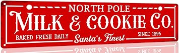North Pole Milk and Cookie Co Metal Tin Sign Vintage Funny Christmas Sign for Cafe Home Bar Farmhouse Christmas Art Wall Decoration Retro Poster 4x16 Inch