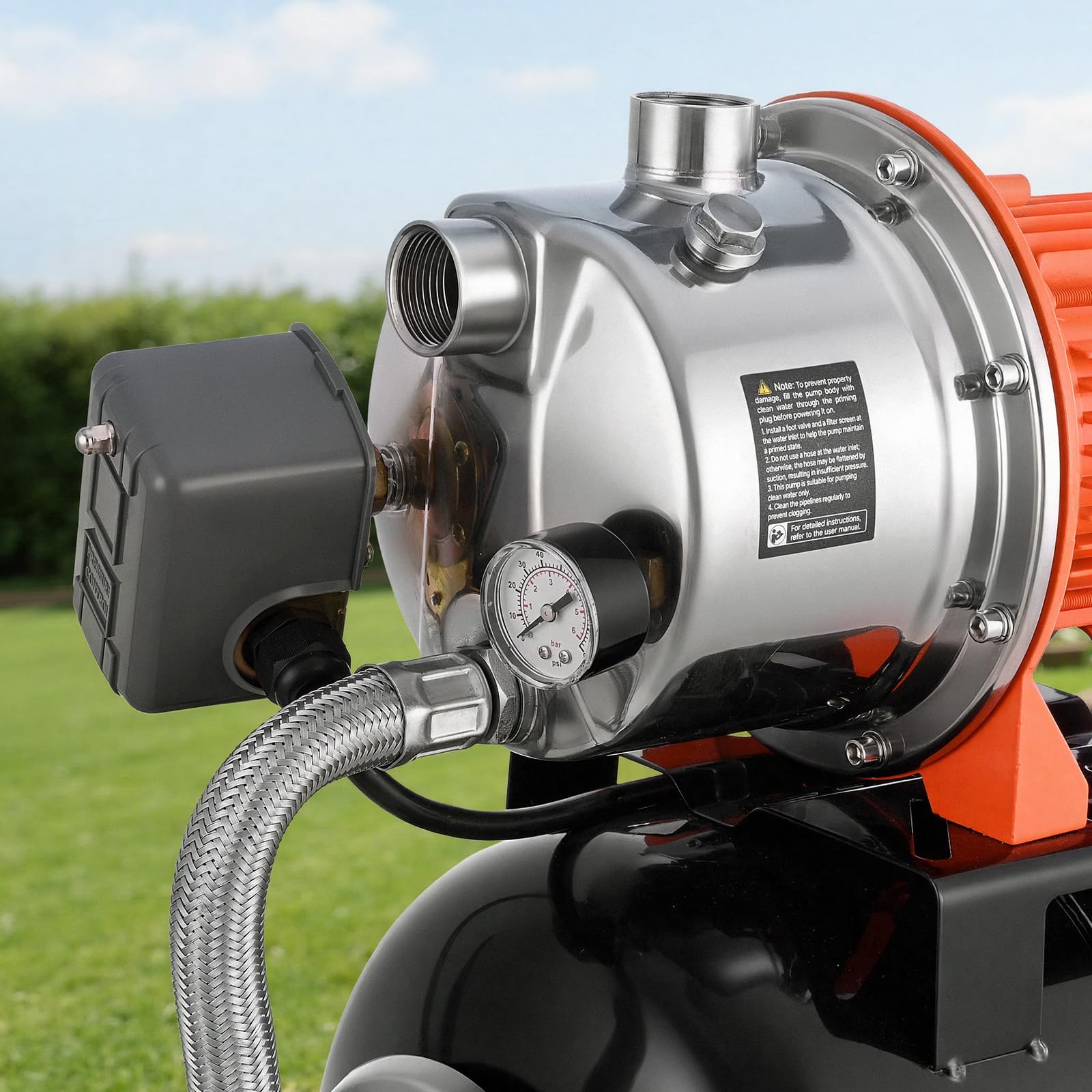 VEVOR Groupe de Surpression 1176 W 19 L Pompe avec Réservoir de Pression | Pour Puits Peu Profonds Jardin et Pelouse, 5000 L/h, Tête de Pompe Acier Inox, avec Surpresseur Auto, Pressostat 1,4-2,8 bar