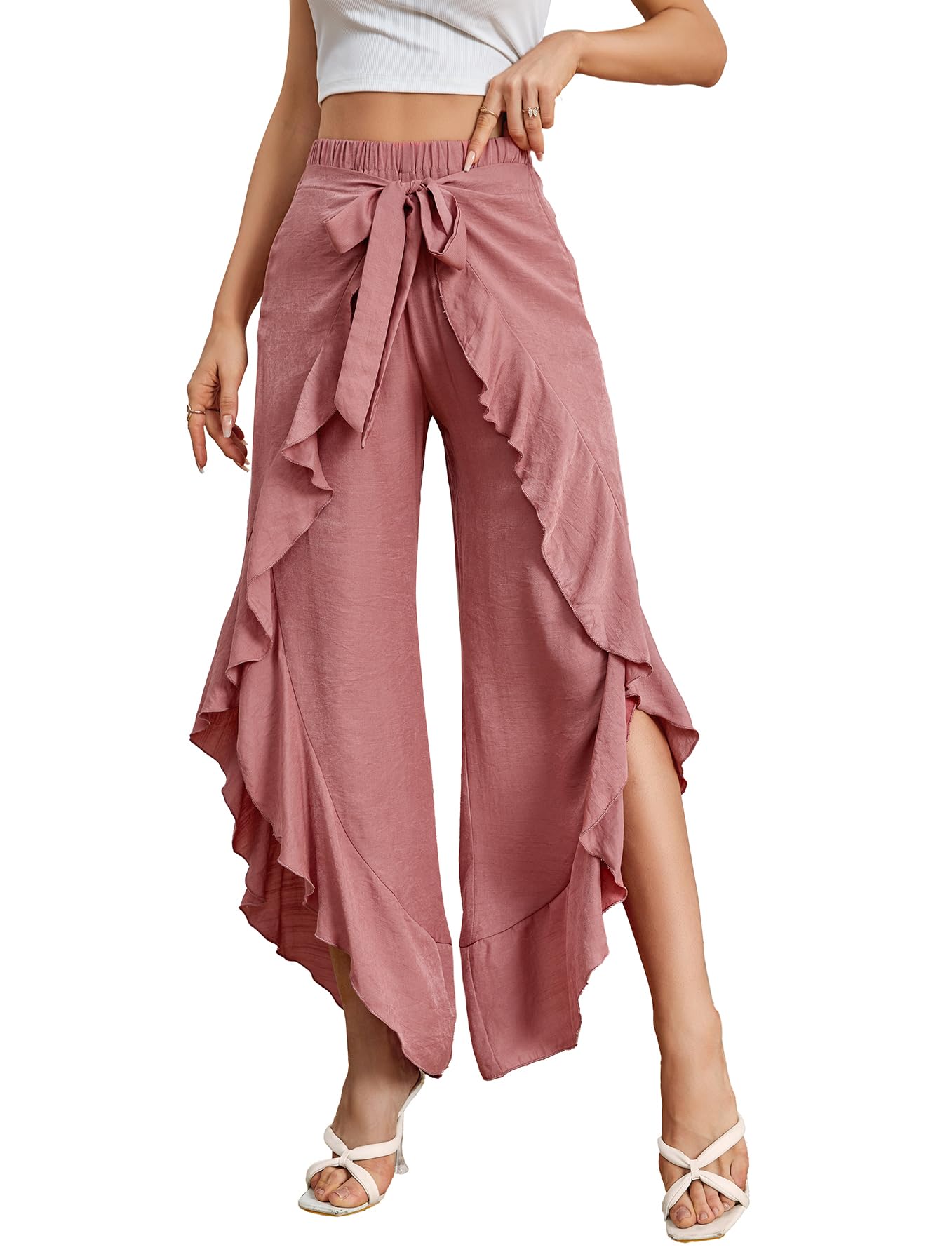 WDIRARA Womens Elastic Waist Wide Leg High Rise Split Tie Front Wrap Flowy Pants