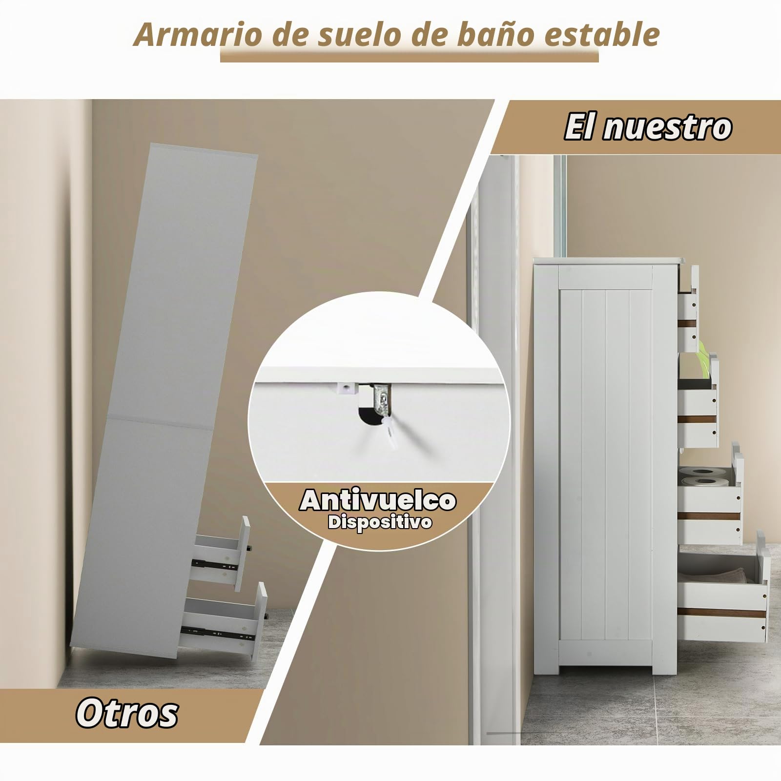 KOMFOTTEU Armario de Baño con 4 Cajones, Dispositivo Antivuelco
