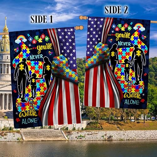 Miniatura 3 de FLAGWIX Bandera estadounidense con texto en inglés "You Never Walk Alone", bandera de concientización sobre el autismo, bandera de casa (29.5 x 39.5