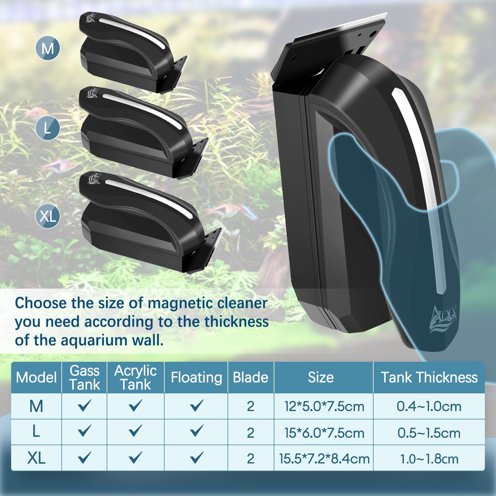 AQQA Nettoyeur magnétique pour aquarium - Aimant puissant pour nettoyer les algues dans les aquariums - Nettoyant pour verre et acrylique avec 2 grattoirs amovibles pour nettoyer les algues dans les