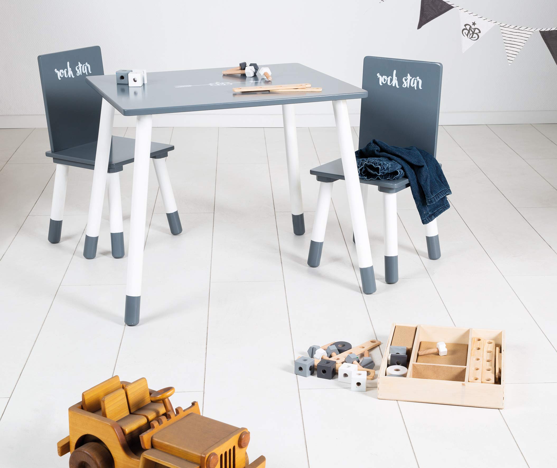 roba Ensemble Table + 2 Chaises Enfants "Rock Star Baby 3" - Pieds en Bois Massif - Style Scandinave - Gris Foncé/Blanc