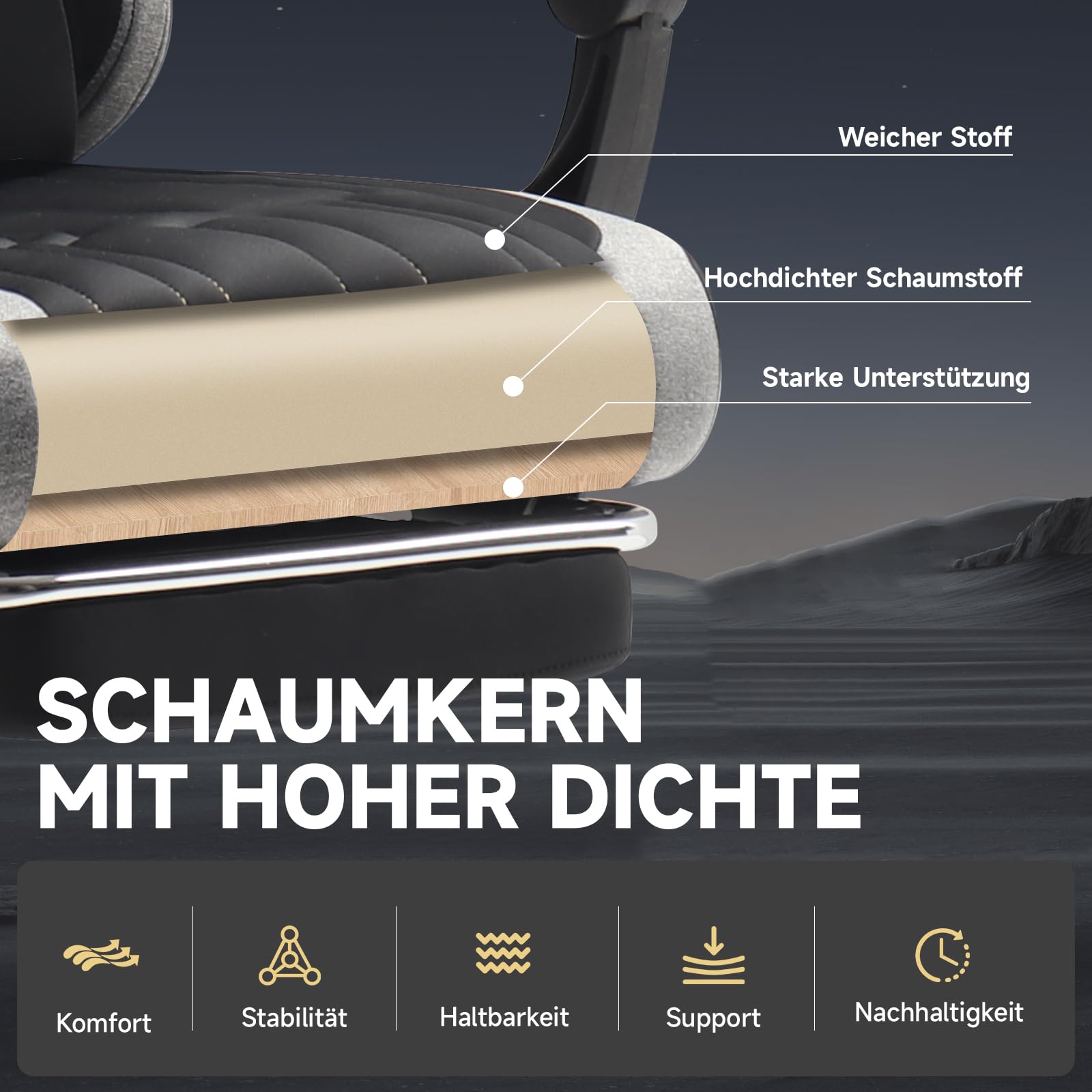 Gaming Stuhl Ergonomischer Elastischer Stretchstoff, Gaming Chair mit Fußstütze Kopfstütze Lendenkissen, Höhenverstellbarer Schreibtischstuhl Neigbar, Bürostuhl für Gaming und Homeoffice,Schwarz