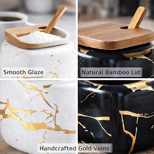 Miniatura 5 de 2 juegos de tarros de cerámica con tapa de madera y cuchara de madera (negro y blanco)