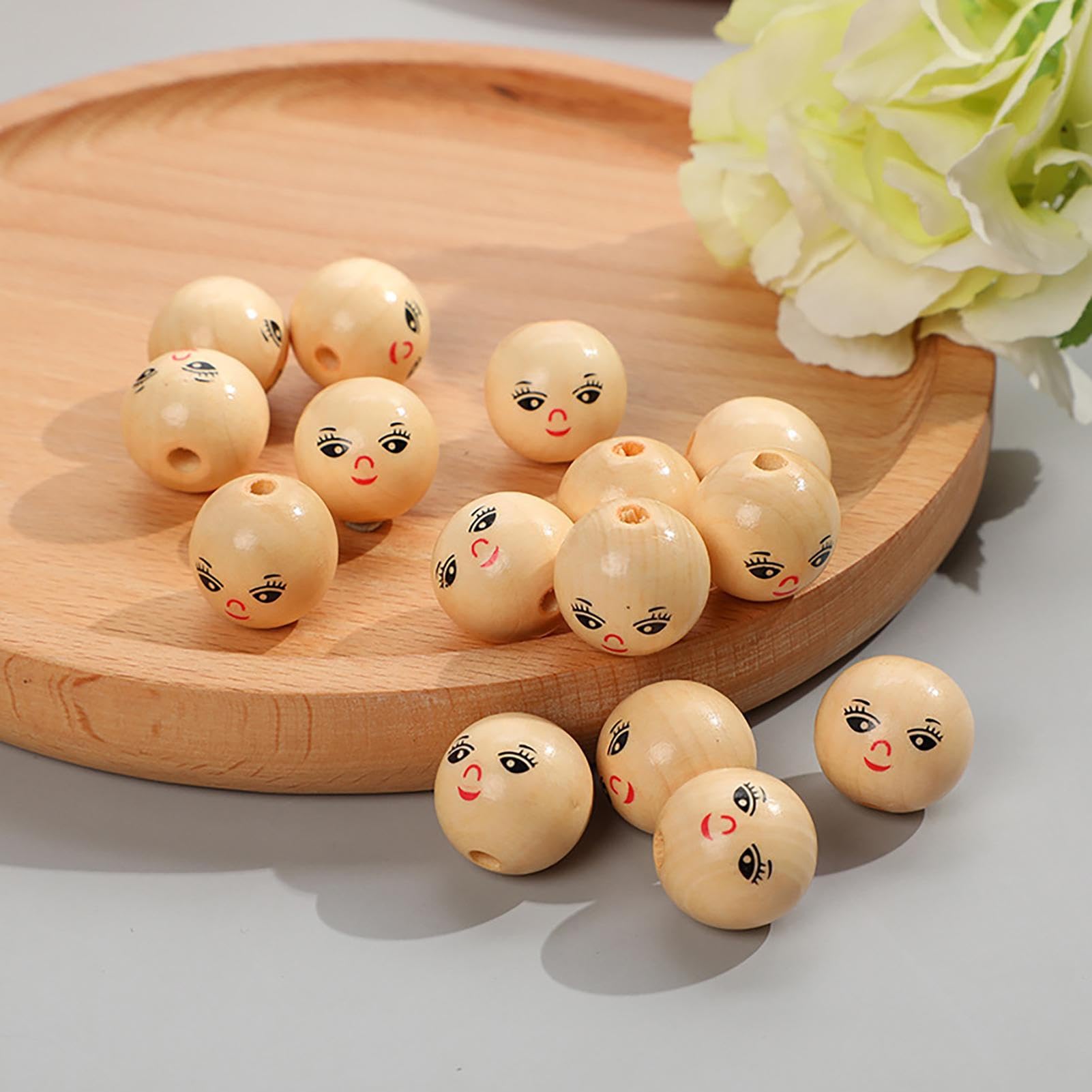 Lot De 80 Perles En Bois Naturel Avec Visage – 8 Styles – 20 Mm