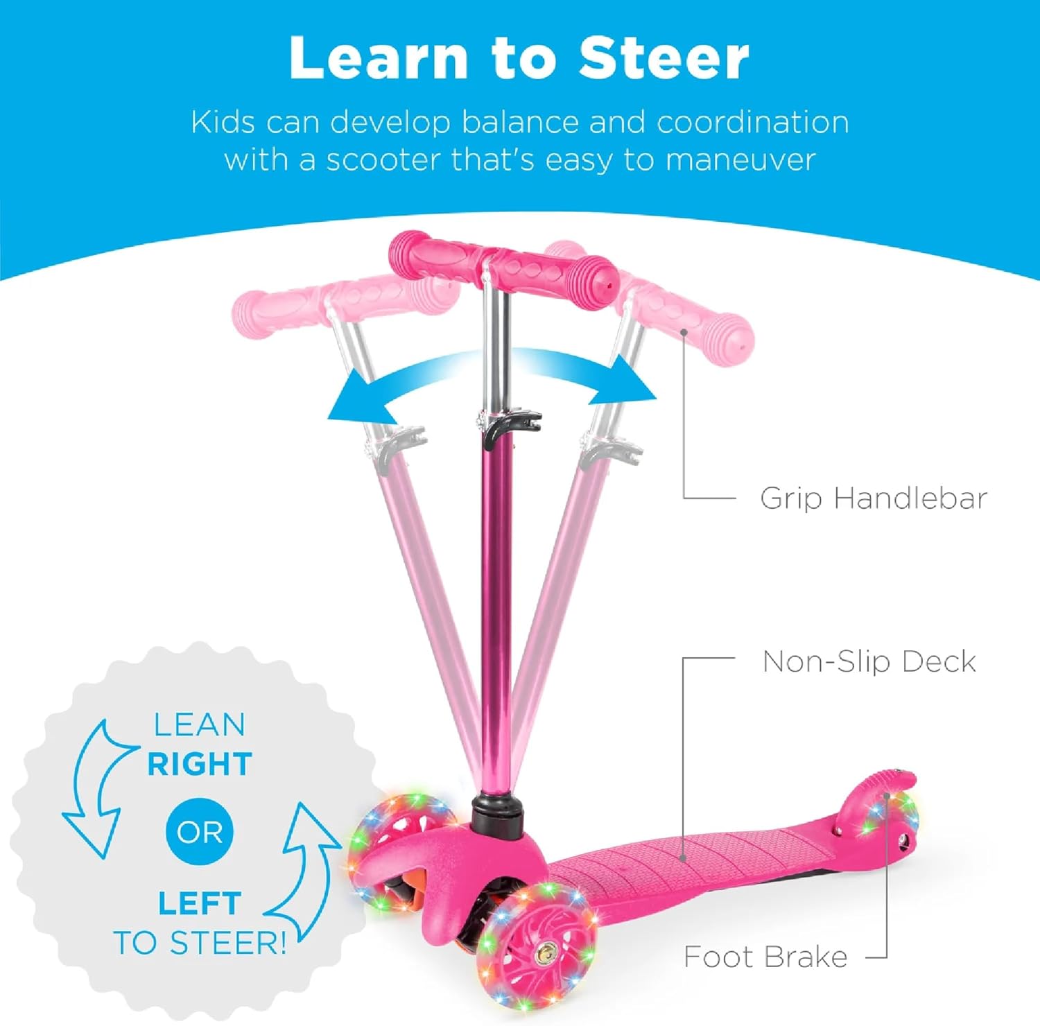 Best Choice Products Kids Mini Kick Scooter Toy w/Light-Up Wheels, Height Adjustable T-Bar, Foot Break - Light Pink