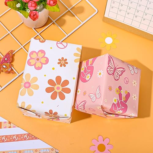 Miniatura 4 de Whaline 12 hojas de papel de regalo hippie Groovy de 4 estilos, diseño bohemio de margaritas arco iris, papel de embalaje retro Groovy DIY para