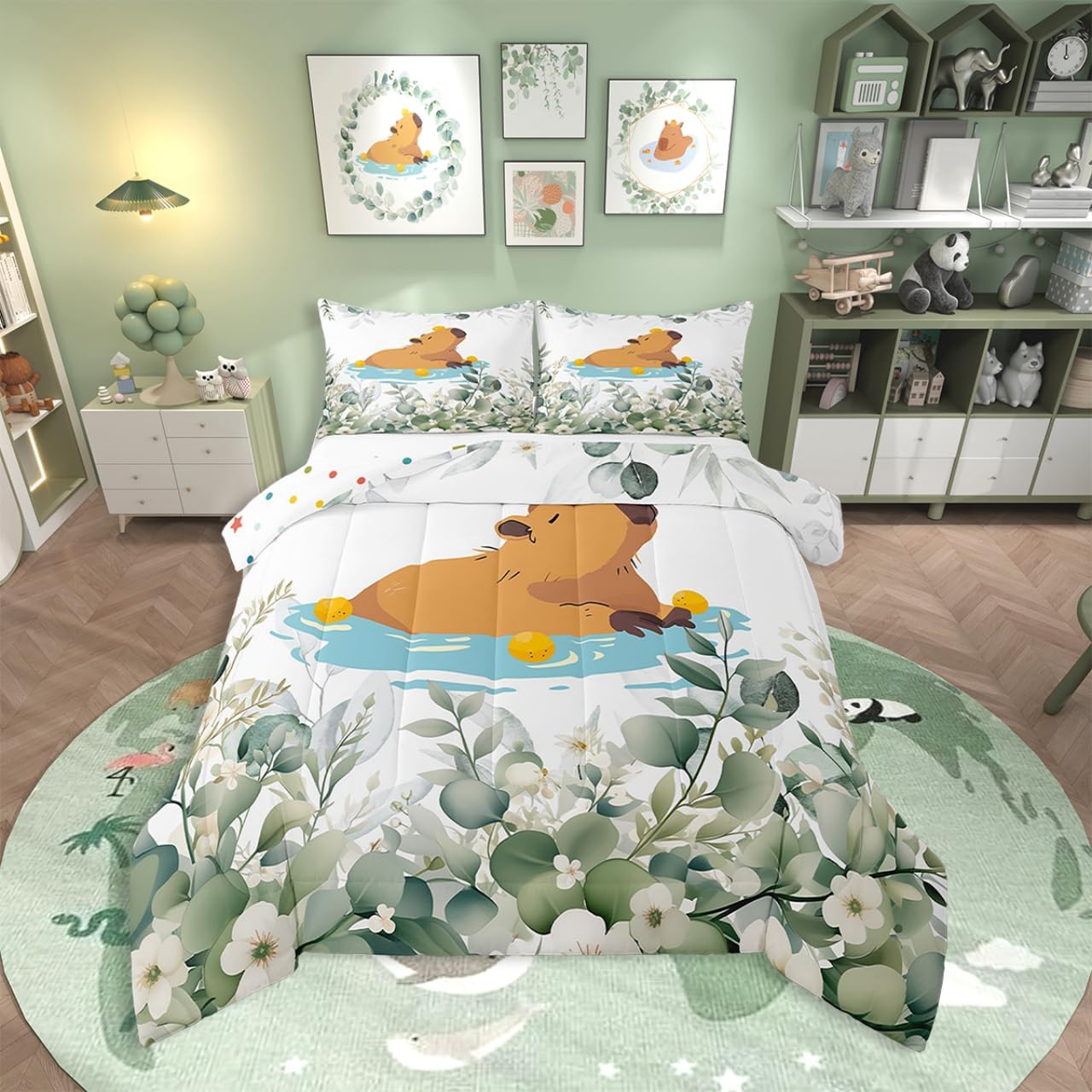 Erosebridal Kawaii Capybara Queen Bedding Sets for Boys Girls Cartoon Animal Comforter Set, Eucalyptus Leaves Down Comforter Cute Wildlife Bedding Comforter Sets, Tropical Plants Duvet Insert