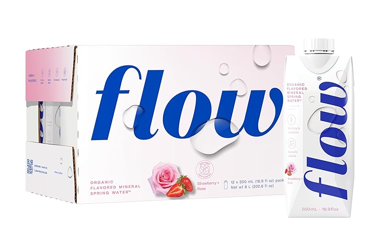 Flow Alkaline Spring Water, Organic Strawberry + Rose, 100% Natural Alkaline Water pH 8.1, Electrolytes + Essential Minerals, Eco-Friendly Pack, 100% Recyclable, BPA-Free, Non-GMO, Pack of 12 x 500ml - Strawberry + Rose - 500 ml (Pack of 12)