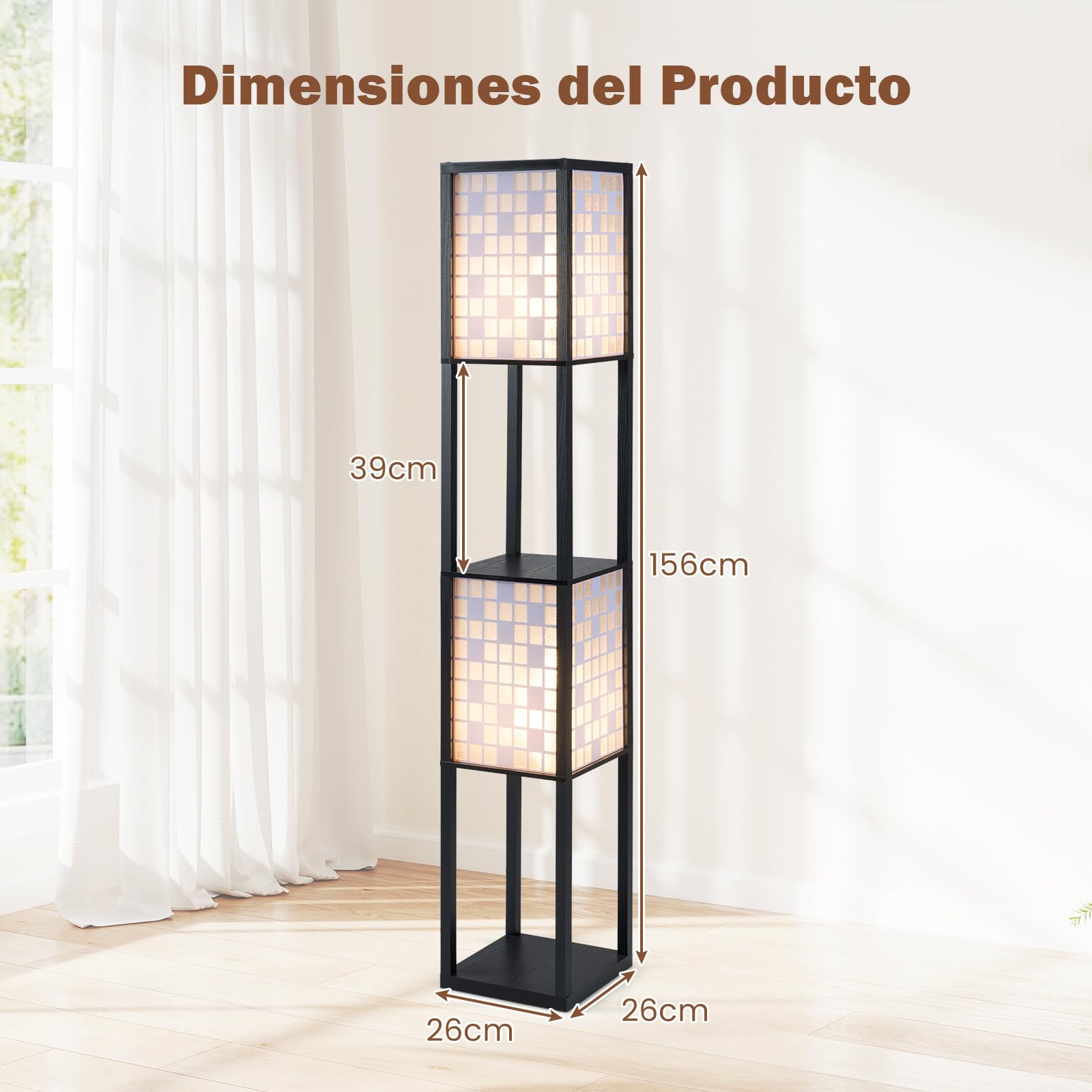 COSTWAY Lámpara de Pie con 2 Luces y Estantes, Lámpara de Madera con 2 Pantallas con Patrones Recortados, Lampara de Pie Salon, Dormitorio, Estudio y Oficina, Requiere Bombillas E27 (Diseño de cuadro)