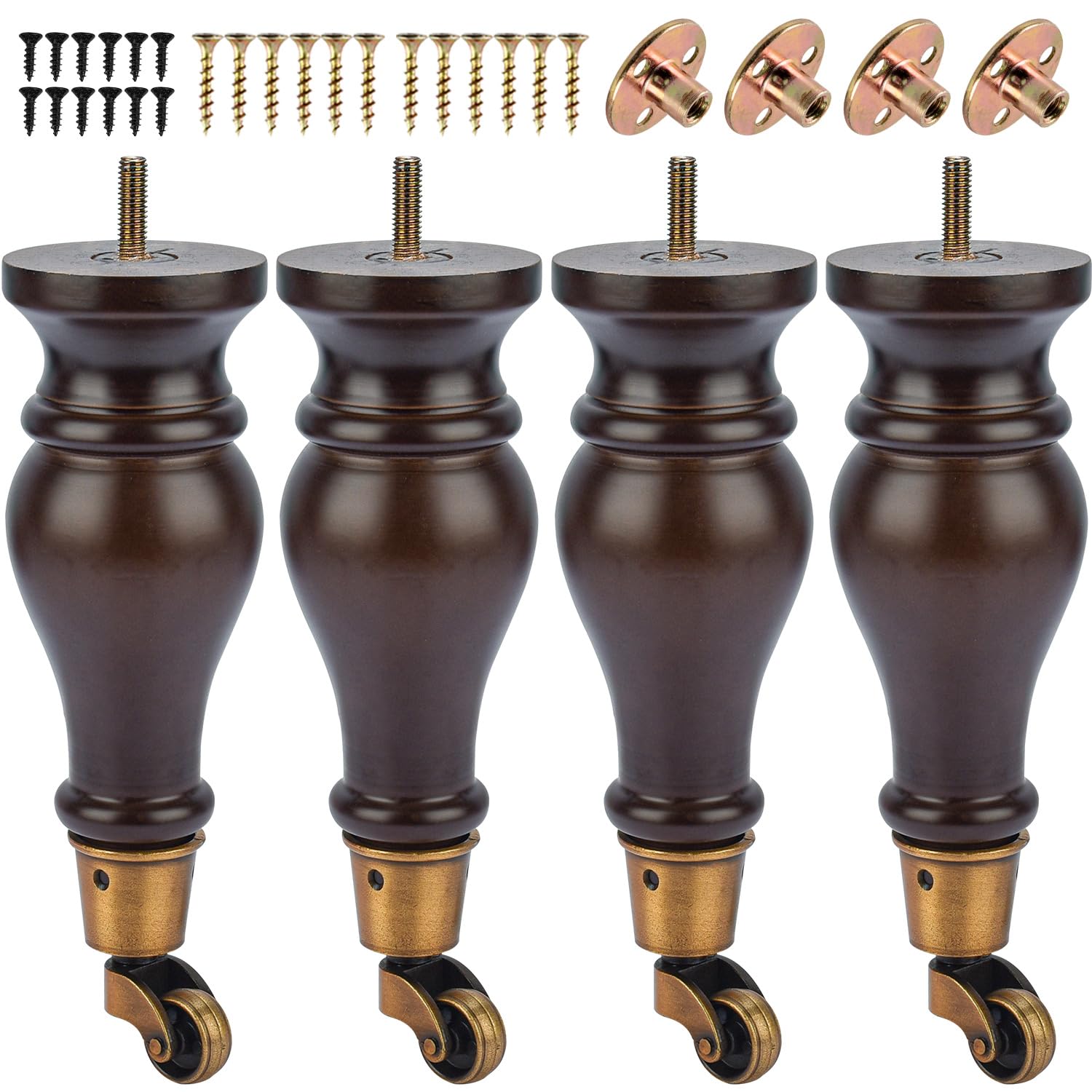 TCHOSUZ 9 inch / 22cm Wooden Furniture Legs with Casters Wheels, Pack of 4 Classic Walnut Solid Wood Round DIY Replacement Bun Feet for DIY Project Sofa Couch Cabinet Ottoman Bed Riser — image 1