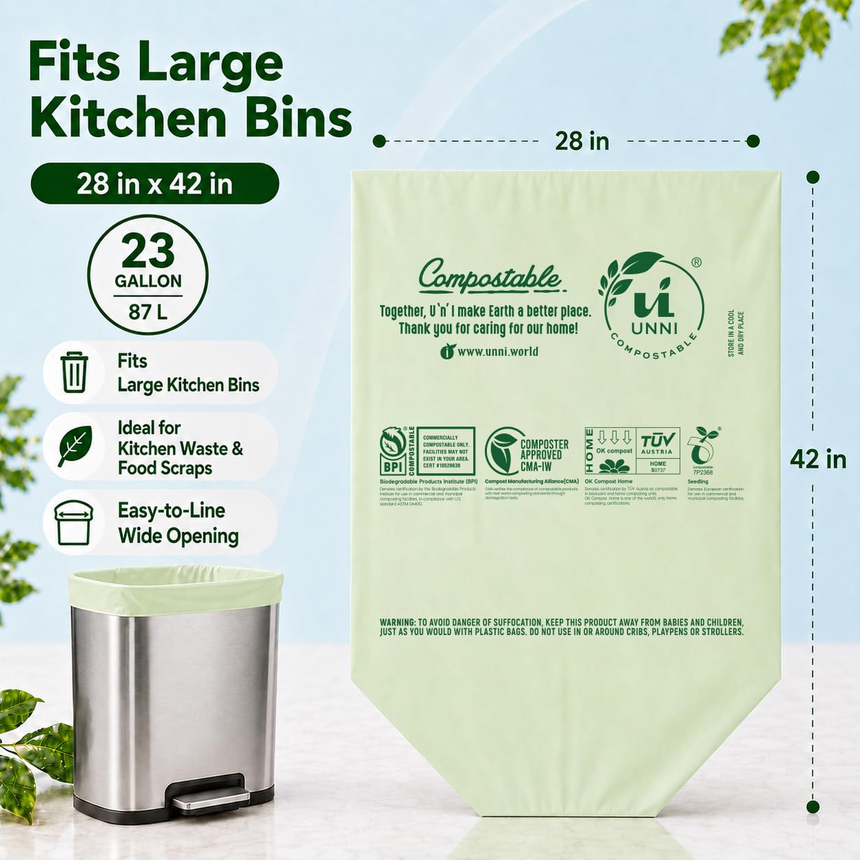 UNNI Bolsas compostables, 20-23 galones, 87 litros, 60 unidades, extragruesas de 1 mil, bolsa de basura para residuos de alimentos, ASTM D6400, US BPI, CMA y Europa OK Compost Home, certificado San