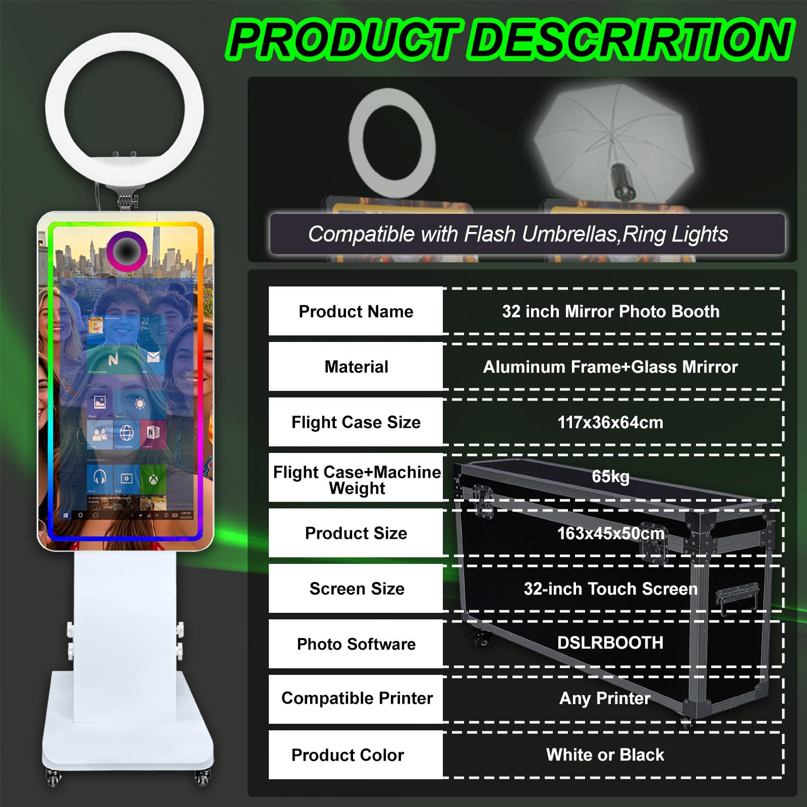 Magic Mirror Fotobudka z oświetleniem wypełniającym i ekranem dotykowym 32 cali, wbudowany mini PC, światło RGB i udostępnianie na imprezę, wesele, wypożyczalnia (fotobudka)
