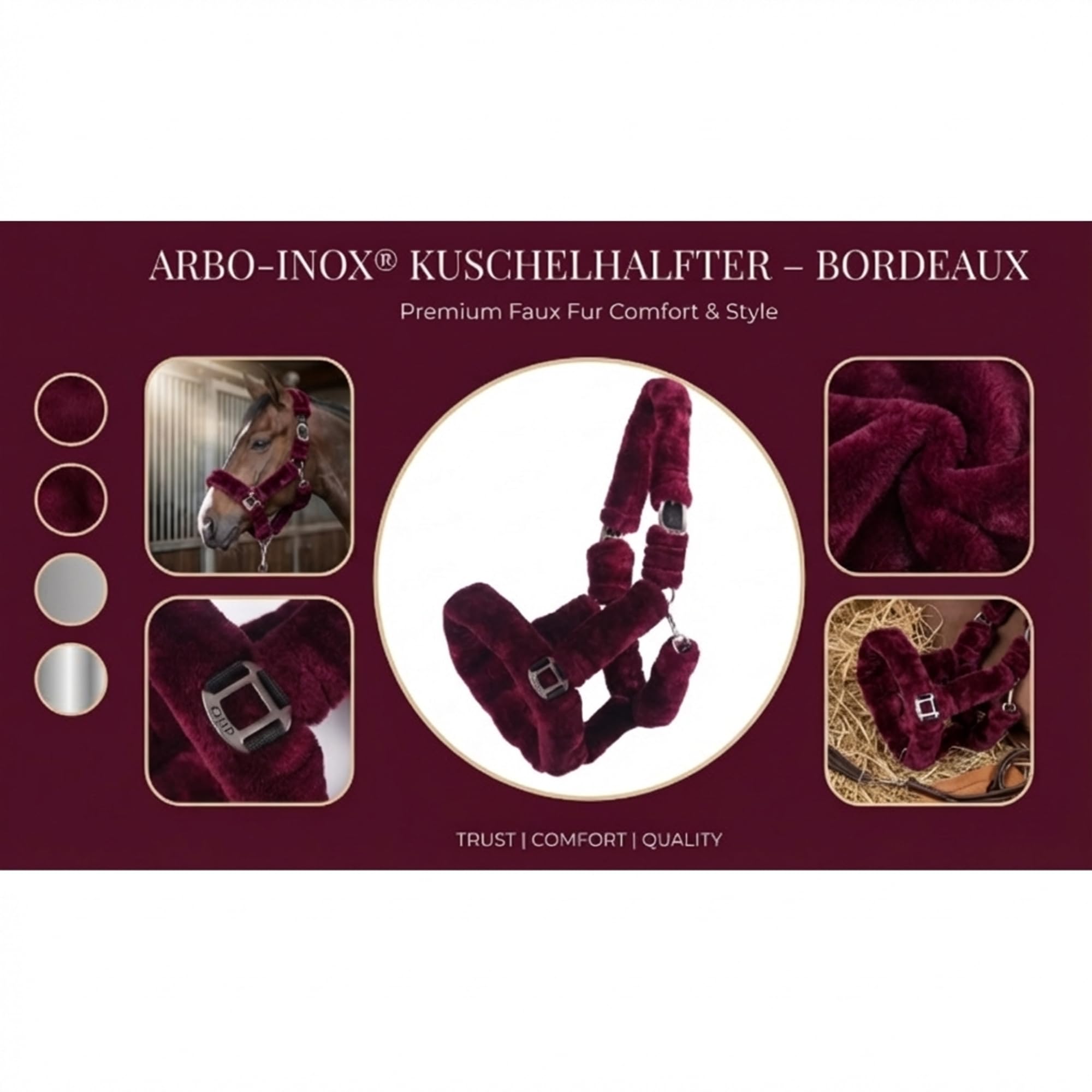 ARBO-INOX® Halfter für Pferde Kuschelhalfter – Extra weiches Kunstfell – rosa- Bordeaux- Mint-Navy blau-anthrazit-grau Creme