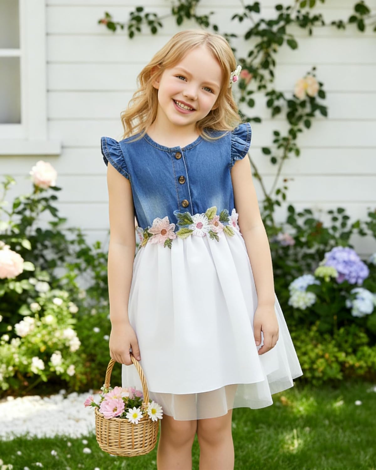 Kucnuzki Toddler Baby Girl Dress Denim Fairy Dress Summer Casual Tutu Dresses Ruffle Floral Sundress Cute Kids Clothes