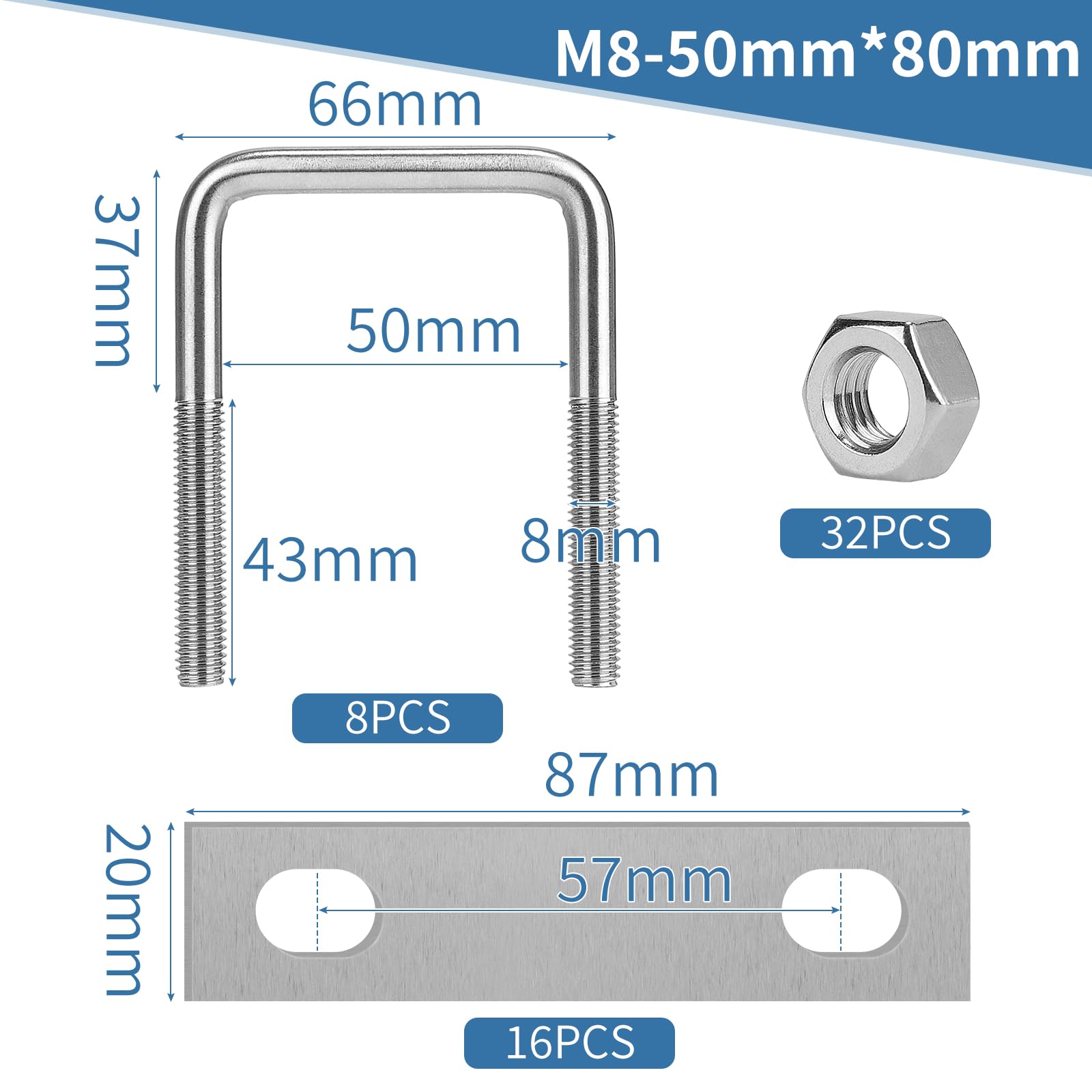 EFUTURETIME 8 x U Schrauben M8 Bügel 50mm x 80mm Bolzen mit 16 Gegenplatte, Bügelbolzen Bügelschelle Edelstahl für Zaunpfosten, Rohr Befestigung, Auto Abschleppen