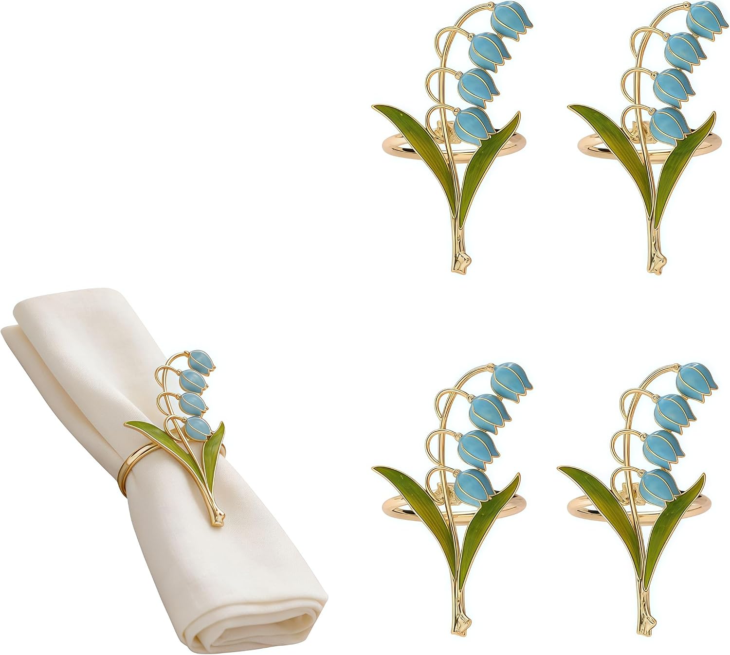 Flower Napkin Rings Set of 4, Zinc Alloy Napkin Holders for Dinner Party Weddings, Rustic Gold Napkin Holder for Christmas Holiday Table Place Settings Decorations (Blue)