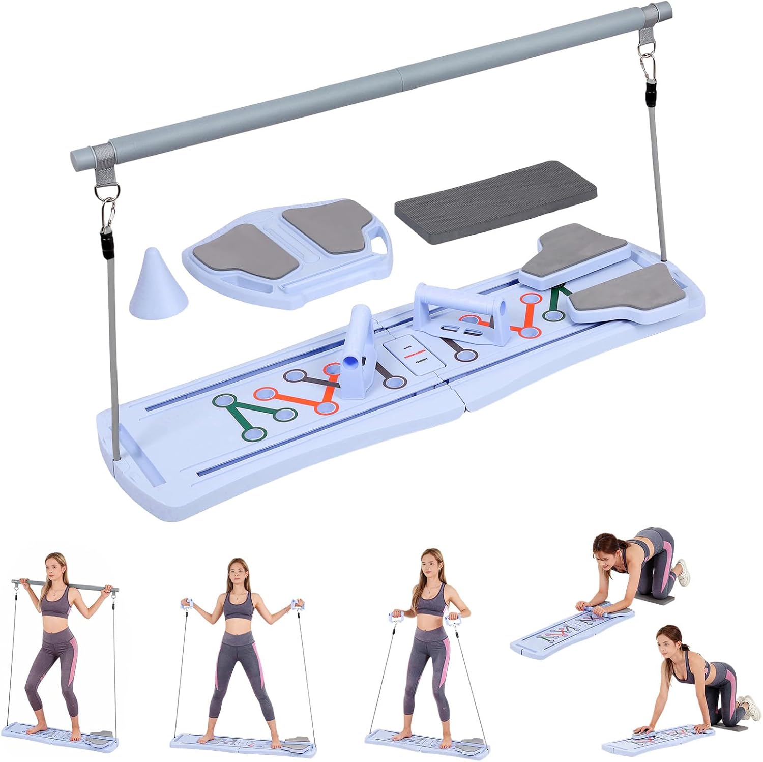 6-in-1 Foldable Pilates Board Reformer Kit, Portable Home Gym Equipment with Resistance Bands, Ab Board, Smart Timer & Phone Holder, Full Body Workout for Women