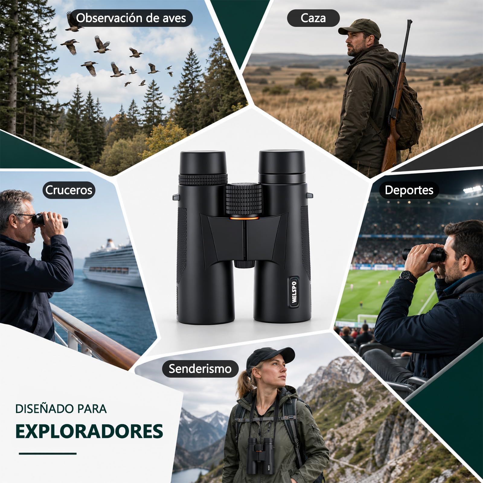 WELSPO Prismáticos 10x42 con Vidrio ED y Prisma BAK4, FMC, IPX7, 2.5m | Imagen Nítida y Brillante en Condiciones de Poca Luz, para Observación de Aves, Senderismo, Caza y Deportes al Aire Libre