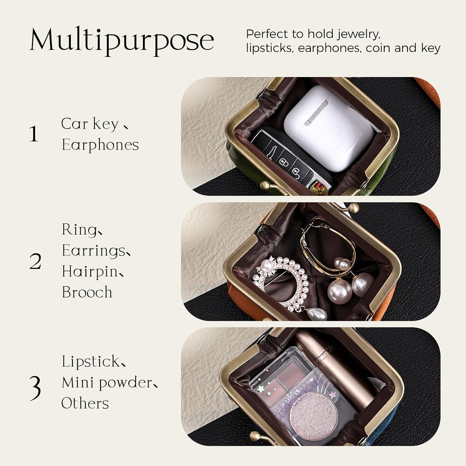 Genuine Leather Coin Purse, Vintage Compact Change Holder with Kiss Lock for Coins, Lipstick, Jewelry and Earphone, Small Pocket Wallet for Men & Women for Cars, Travel, Party,Green