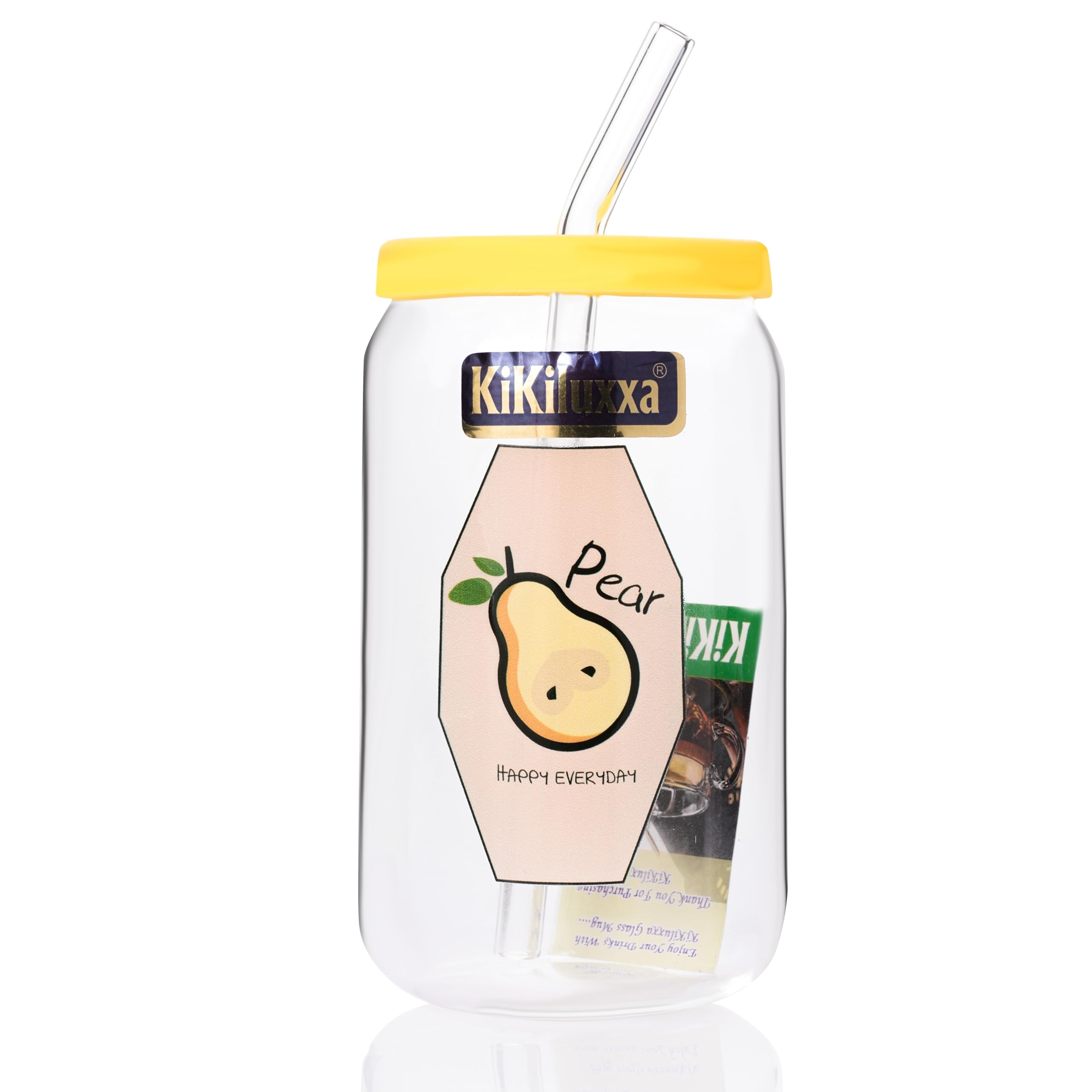 KiKiluxxa Drinking Glasses with Silicon Lid and Glass Straw 1pcs Set - Can Shaped Glass Cups, Beer Glasses, Iced Coffee Glasses, Cute Tea Cup, Ideal for Cocktail, Whiskey, Gift (Printed Ryaryo 1)