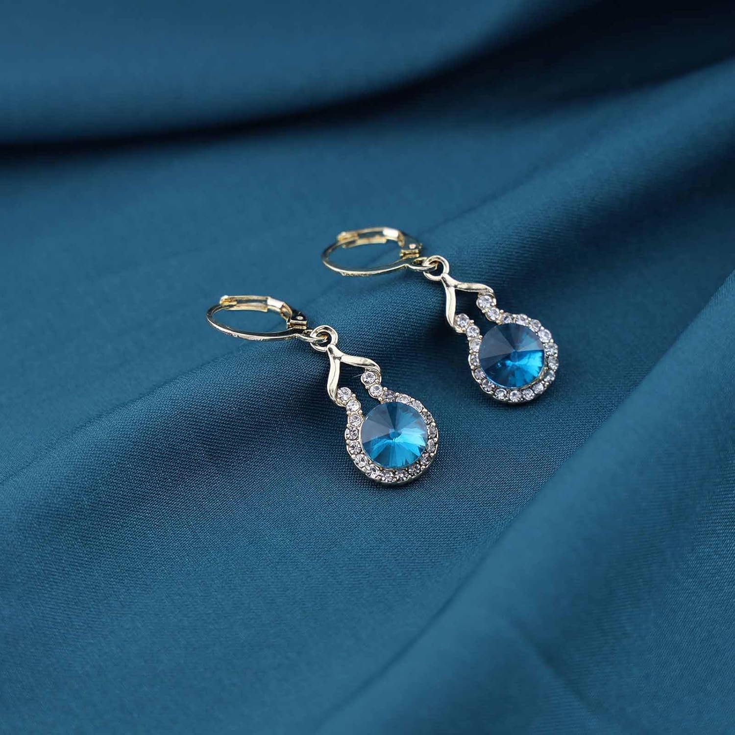 Vintage Crystal Sapphire Dangle Earrings Round Sapphire Drop Earrings Blue Cz Rhinestone Earrings Gold Huggie Hoop Earrings Jewellery for Women - Image 3