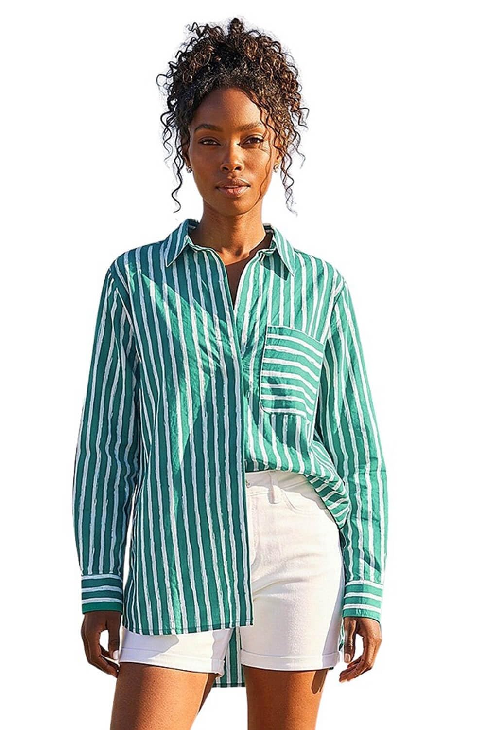 Roman Women's Green Stripe Linear Print Buttoned Shirt In | Size: 14