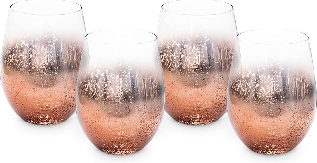 Navaris Rose Stemless Wine Glasses - Set of 4 - Pink and Gold Coloured Wine Glass Set with Gradient Speckled Design - Glassware Drinking Tumbler Cups