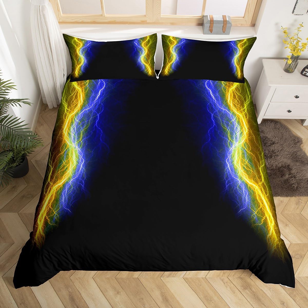 Feelyou Geometric Abstract Ombre Bedding Set Queen Size Kids Blue Red and Black Striped Comforter Cover Set for Boys Girls Teens Lightning Duvet Cover Bedspread Cover Room Decor Quilt Cover