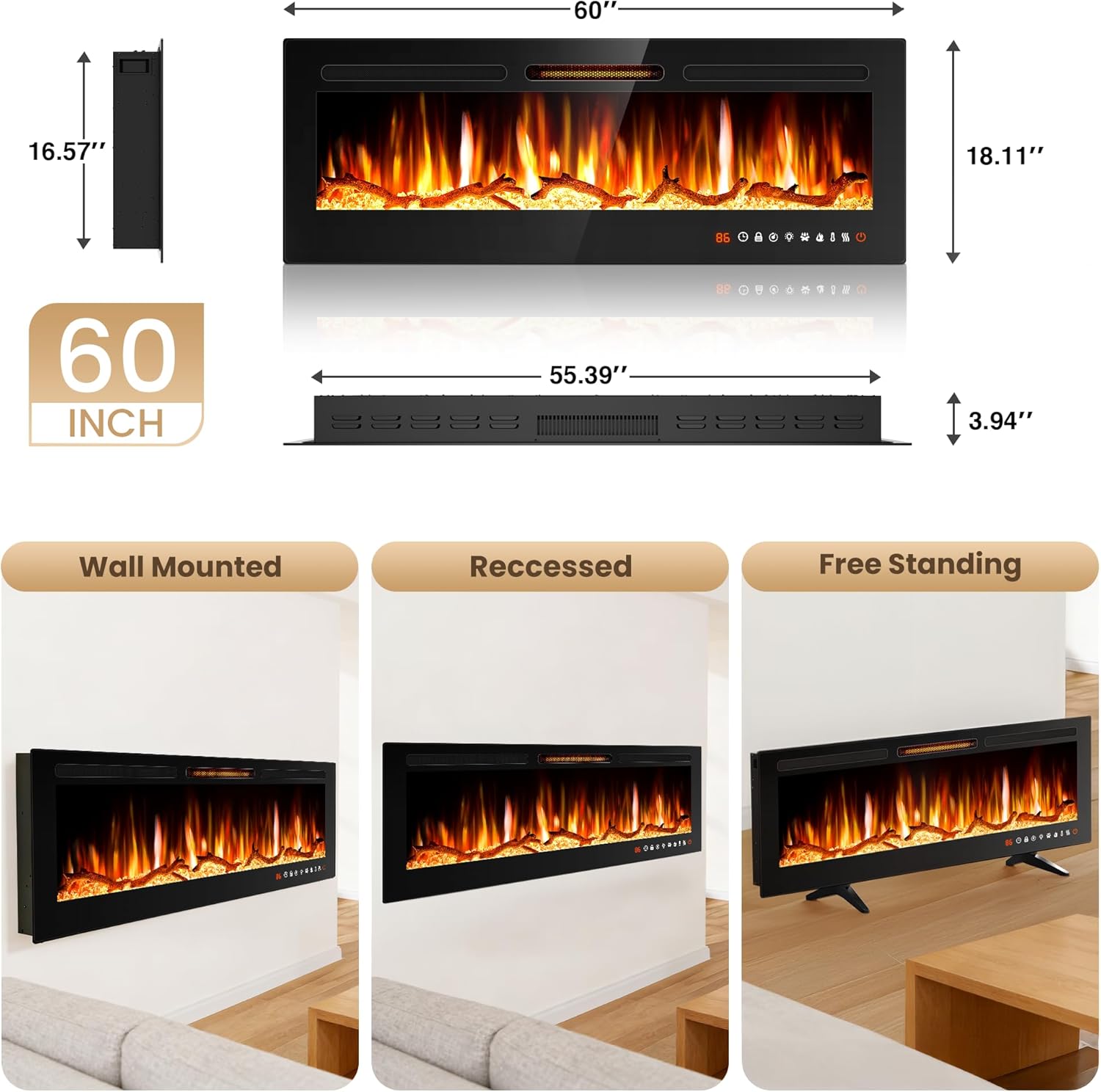 Riseon 60'' Electric Fireplace Heater, Recessed and Wall Mounted Freestanding Linear Fireplace, Ultra-Thin Wall Fireplace with 13 Adjustable Flame Color and 5 Brightness, Remote Control, 1500/750W