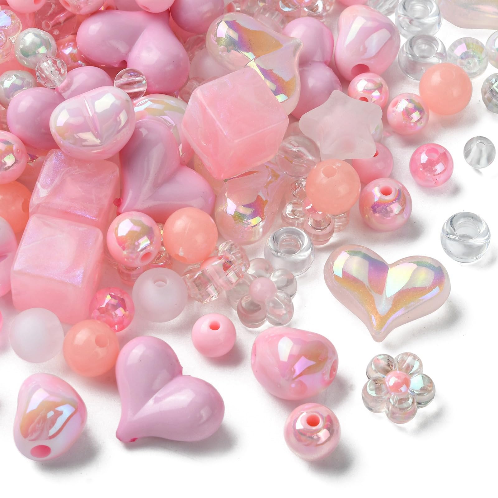 Ipotkitt 160 Pcs Pink Themed Transparent Opaque Acrylic Beads Mixed Shapes Heart Round Flower Star Beads Plastic Spacer Loose Beads for Jewelry Making