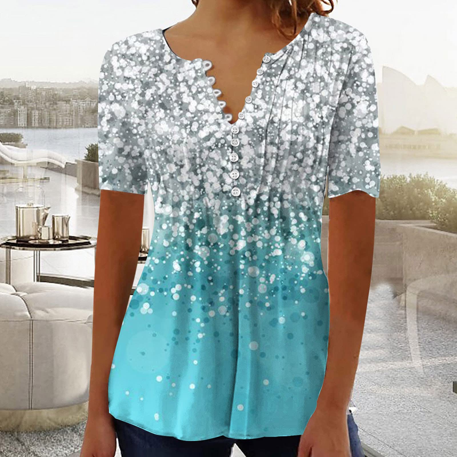 SMIDOW Summer Tops for Women 2026 Trendy Boho Floral Print Tunic Shirts Short Sleeve Button v Neck Tshirt Casual Loose Blouse