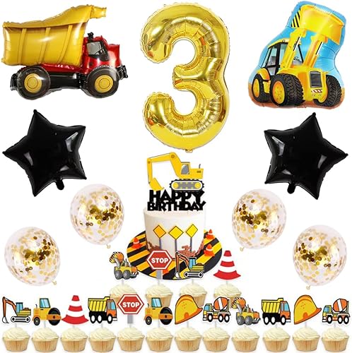 Miniatura 5 de Globos de construcción para fiesta de cumpleaños de tercer cumpleaños, globos de aluminio para excavadora, globos de helio dorados del número 3 de