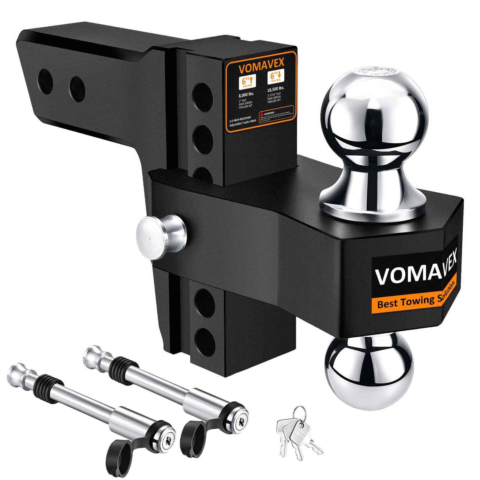 Adjustable Trailer Hitch-Drop Hitch Fits 2.5-Inch Receiver -6" Drop/Rise Tow Hitch with 2" and 2-5/16" Tow Balls-18,500GTW with Double Anti-Theft Pins Locks, Black